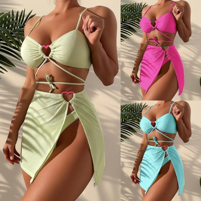 【送料無料】7色 ビキニ セクシー 水着 レディース パレオ付き 3点セット 紐ビキニ 三角ビキニ ブラジリアン ハイレグ 無地 個性的 ハート 体型カバー 大人可愛い かわいい 海外 水着 セパレート トライアングルビキニ ピンク グリーン ブルー 白 青 紫 オレンジ パッド付き 華やか 女っぽ グラビア 衣装 イベント 写真 撮影 コスプレ ラブリー キュート お尻カバー お腹カバー 太ももカバー おしゃれ ユニーク きれいめ S M L XL こなれ感 レトロ db4610