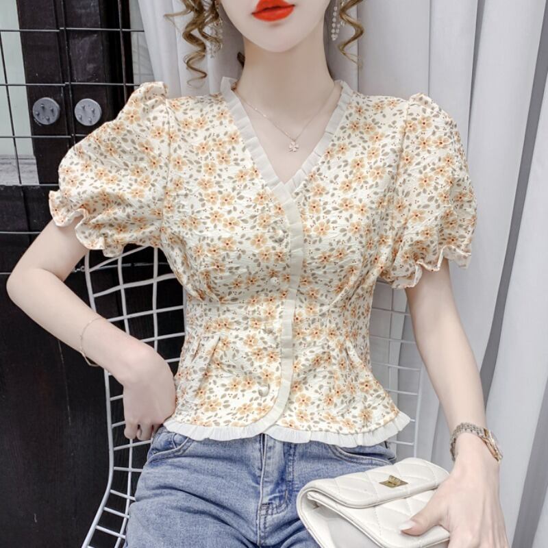 フローラルシャツ レディースサマースタイルスタンダードVネックスリーブウェスト薄手ブラウス レトロ 夏物 花柄 ハンチェンe19254866034