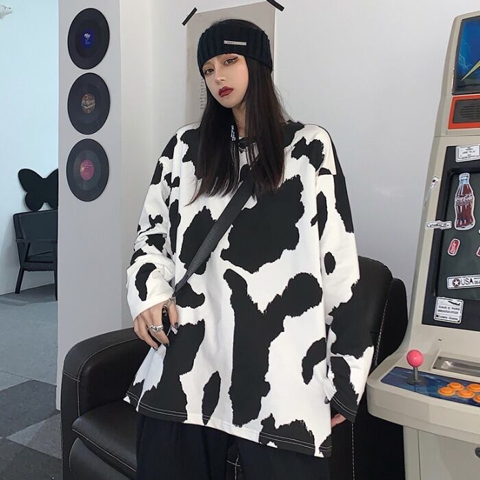 ルーズダークプリント柄トップス レディースシャツ Tシャツ ロング 大きめサイズ かわいい ケッペル66087100961