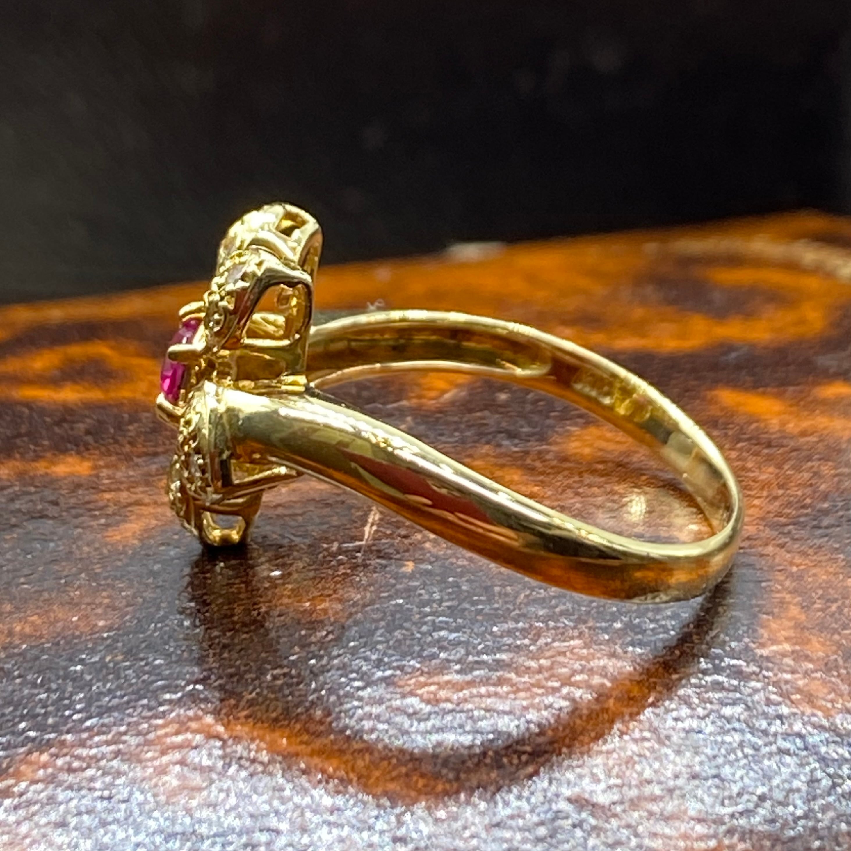 日本の作品】昭和レトロ デザインリング K18 ルビー ダイヤモンド 小花