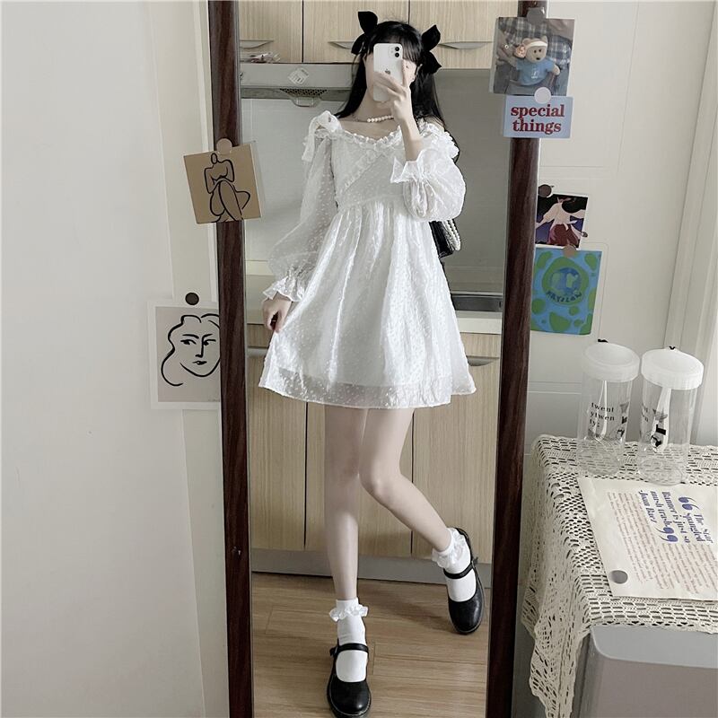 ホワイトシフォンスカート スタンダードレースAラインドレス スプリングサマー レトロ 春物 夏物 萌量不足1586187651