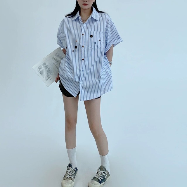 blue stripe multi-button short-sleeve shirt　ブルーストライプマルチボタン半袖シャツ　J2090