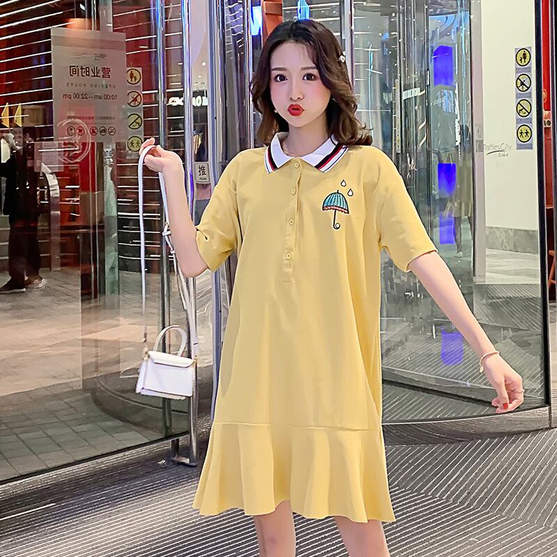 【新作】【送料無料】 マタニティウェア2020夏の新しいニットプリントラペルドレスミドル丈ルーズ母乳育児スカート-アリババ サマー 夏物 expec228814430322