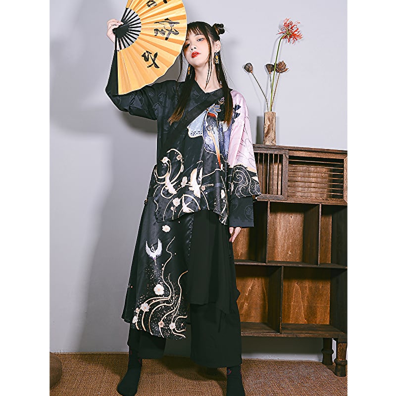 サブカル 服 地雷系 通販 袴パンツ チャイナ風服 古怪舎 重ね着 レイヤード ワイドパンツ 和装 レトロ 闇かわいい 黒ゴス V系