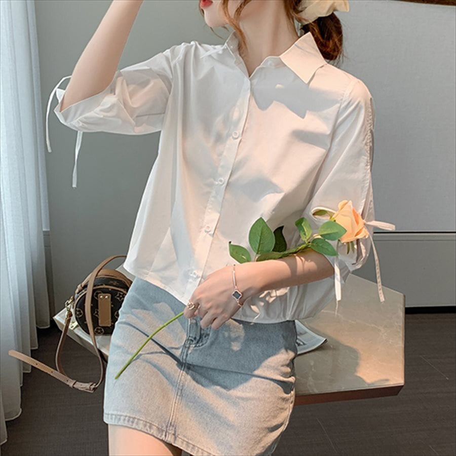 花柄　ブラウス　シャツ　ガーリー　可愛い　Ｖネック　リボン　春服　韓国