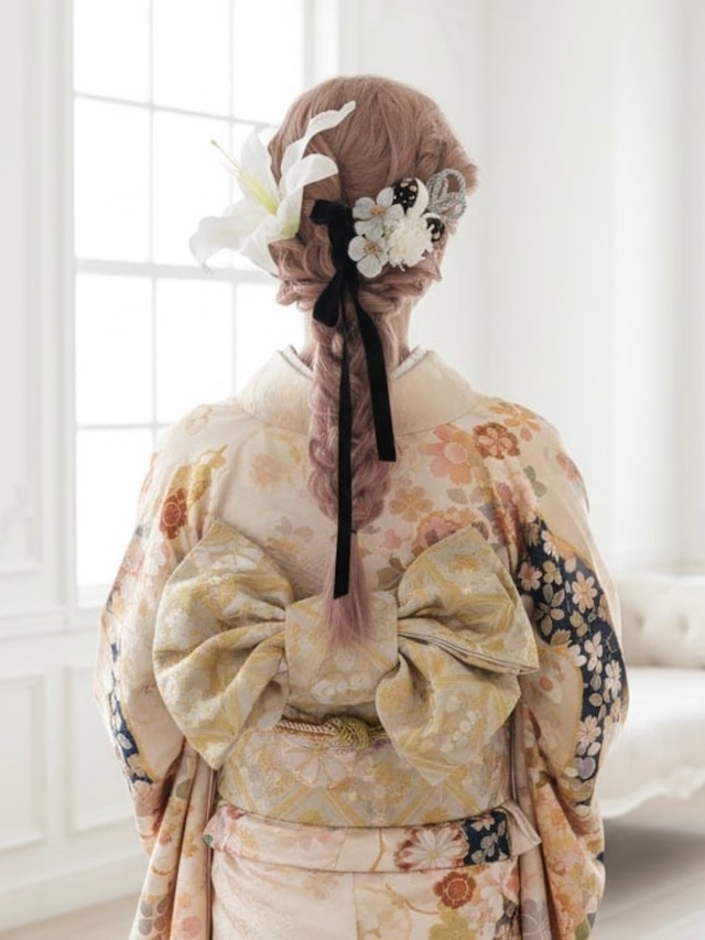 【カサブランカ髪飾り】ウェディング　袴　振袖　成人式　　ヘアドレス　ヘアパーツ　髪飾りプリザーブドフラワー　ドライフラワー　k-0018