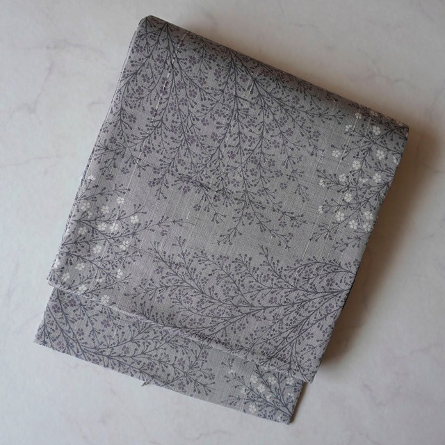 【夏・ふくろ帯】霞色地　植物文　しょうざん生紬　証あり　夏ふくろ帯