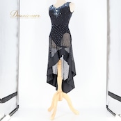 社交ダンス 衣装 ラテン ドレス ワンピース 黒 青 ブルー デモ 競技 透け感 軽い 薄い パーティ 発表会 ブラック系 ブルー系 スリット おしゃれ 動きやすい 軽量 エレガント 女性用 競技用衣装 フォーマル