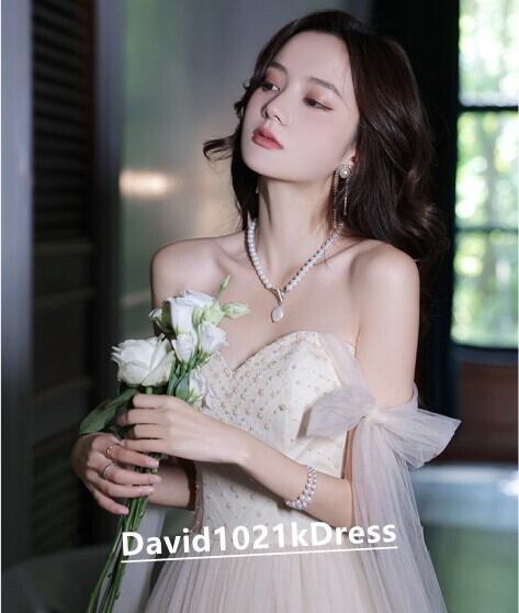 シャンパンの色 2ways パーティードレス ベアトップ シアーな美しさ  