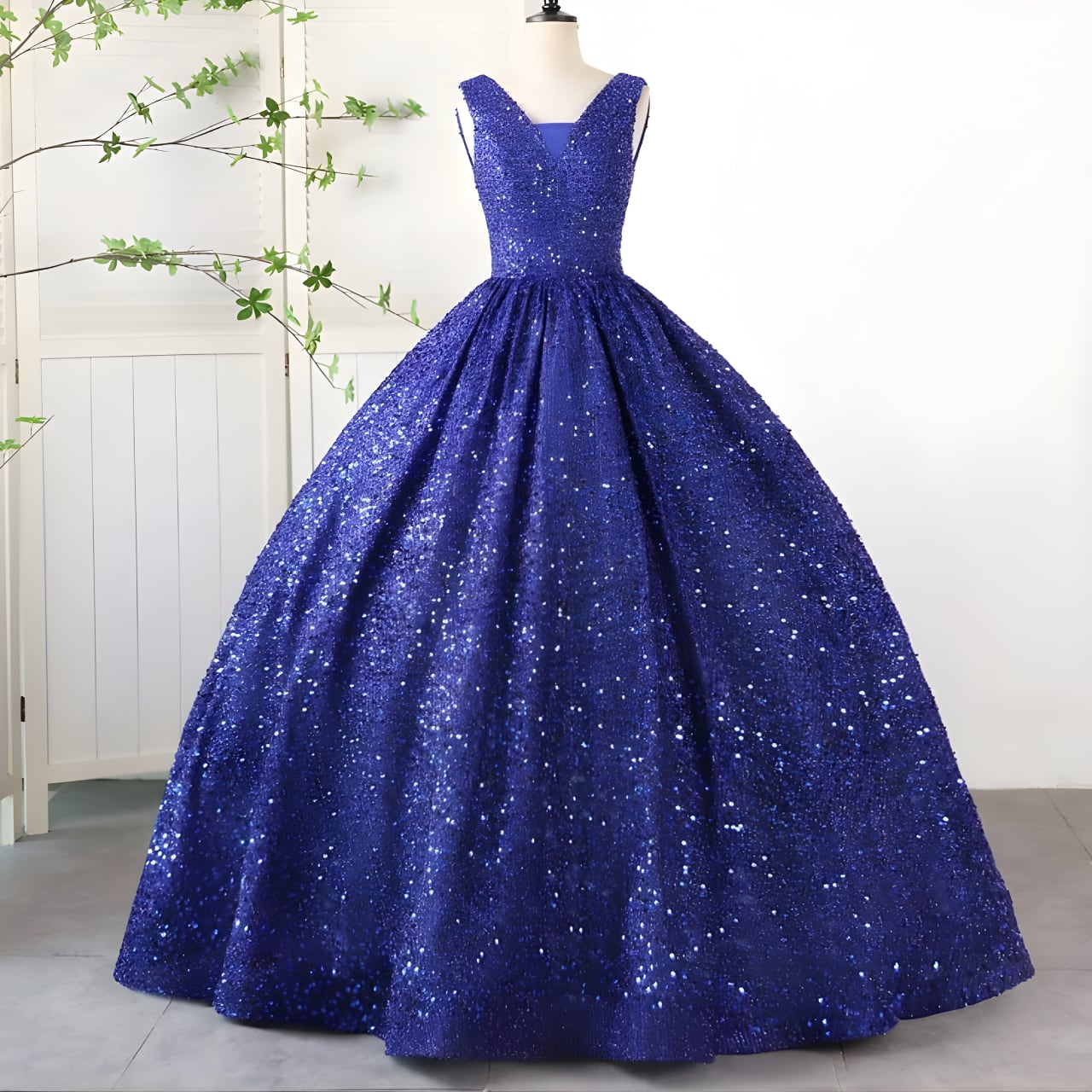 Vネック スパンコールドレスR 1575