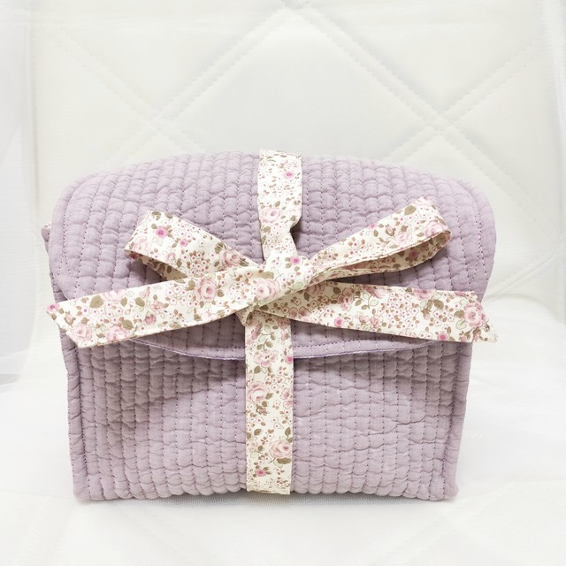 巾着付きボックス型リボンポーチ　パープルヌビ&ピンクの小花