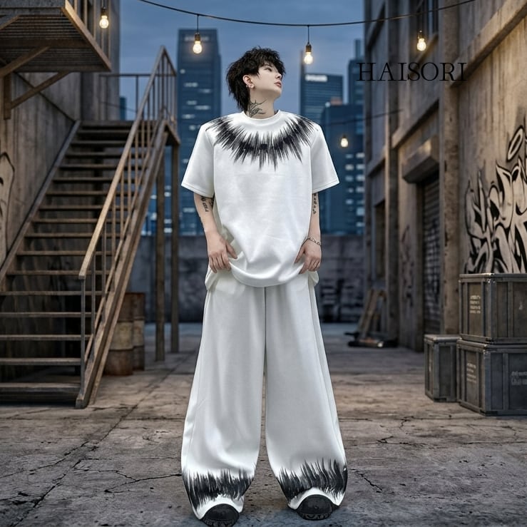 フェザーグラフィックプリント ビジュー装飾 半袖Tシャツ&ワイドパンツ セットアップ