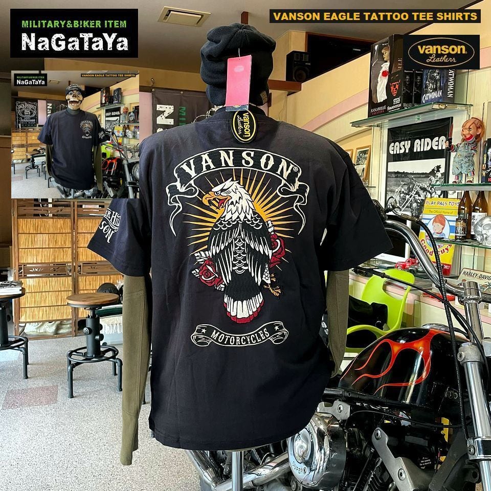 VANSON バンソン EAGLE TATTOO TEE SHIRTS イーグル タトゥー刺繍 Tシャツ メンズ NVST-2208 BIKE  バイカー モーターサイクル