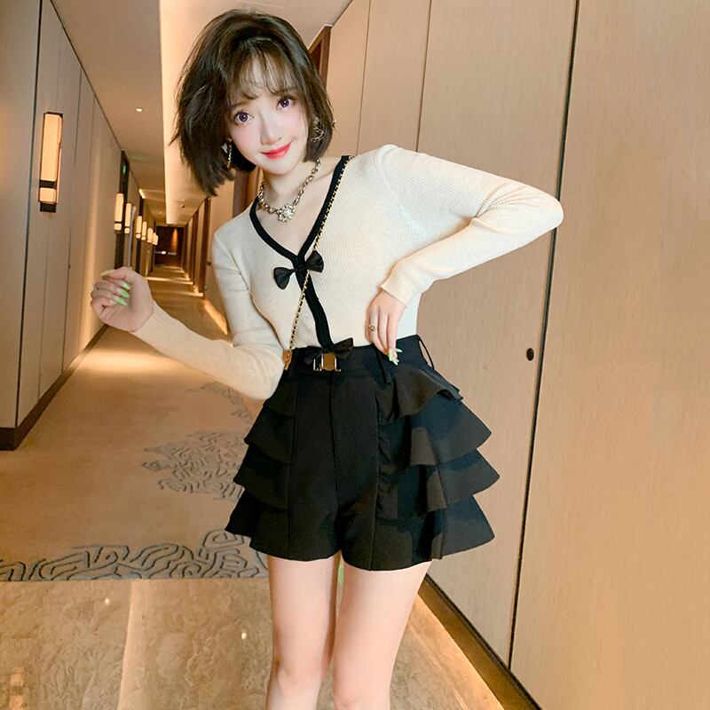 ショートニットセーター ショーツ オータム リボン 大人ガーリー スウィート キュート カジュアル 秋物 ブルマー MIUCO67441982154