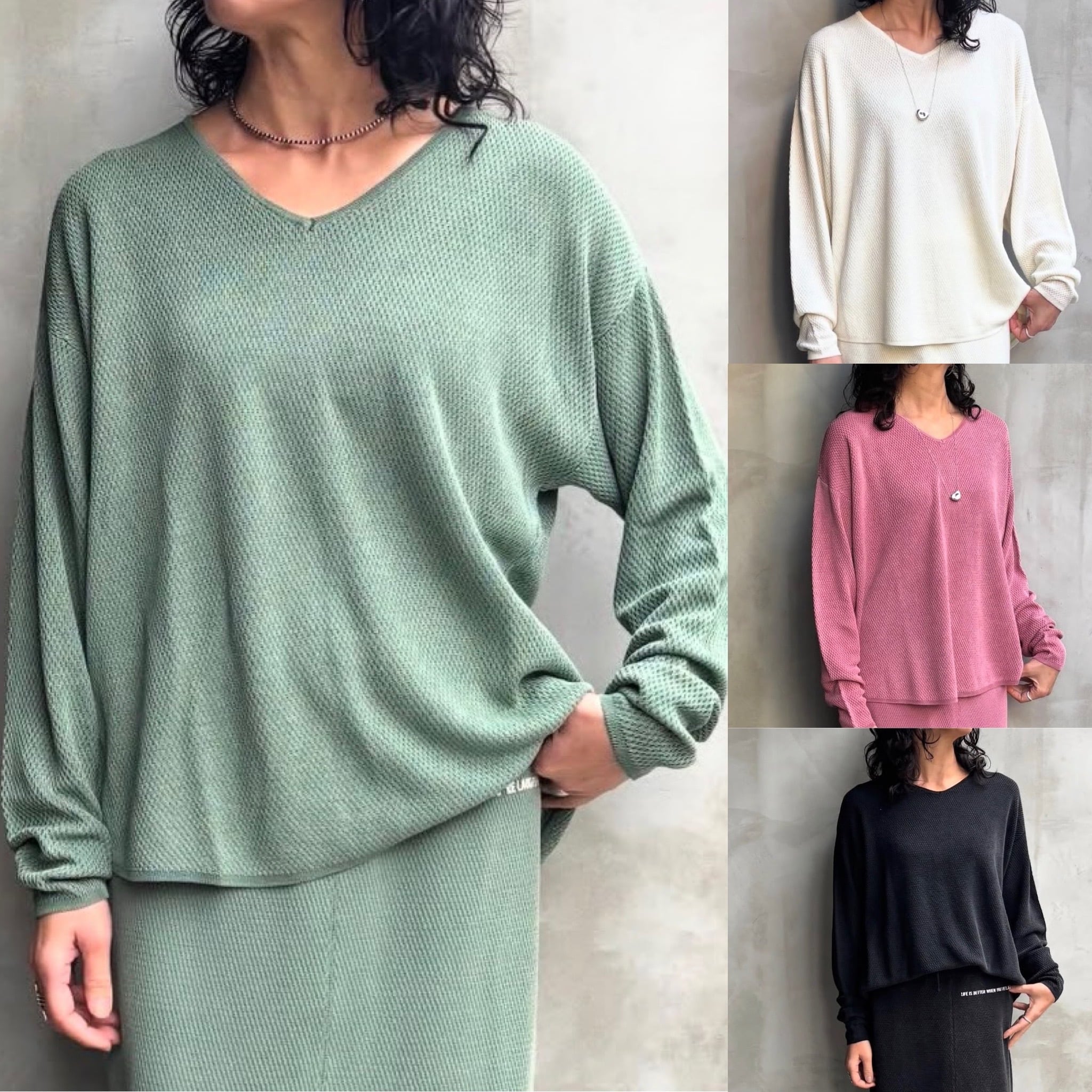 【 Flamingo firm 】ハニカムワッフルVネックT