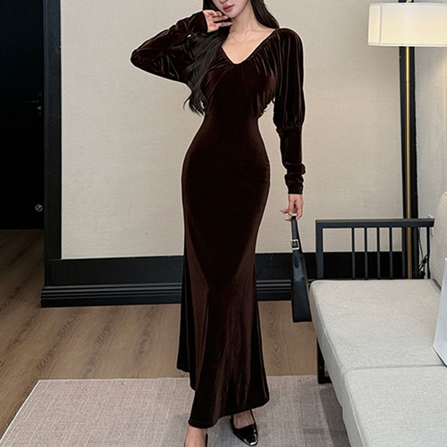 ワンピース Vネック ベルベット 長袖 気質溢れる コーヒー色 S M L XL