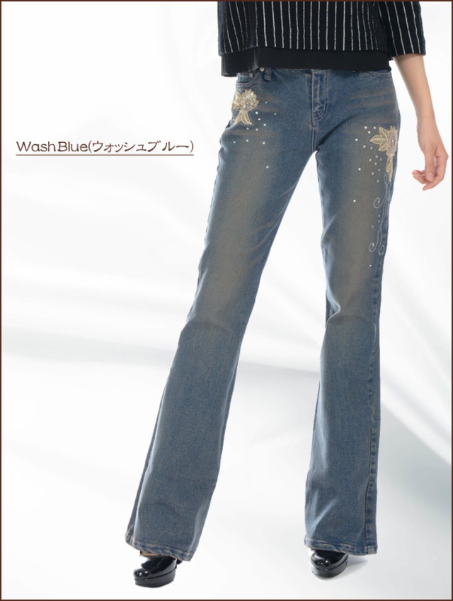 フレアラインジーンズ 刺繍デニム  美脚 上品 シック ストレッチ素材  トワトワ ランタナ刺繍ジーンズ