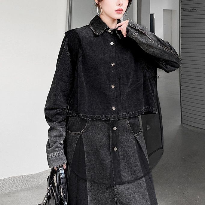 MESH PANEL FAUX LAYERED TURN DOWN COLLAR SHIRT M-18118