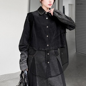 MESH PANEL FAUX LAYERED TURN DOWN COLLAR SHIRT M-18118