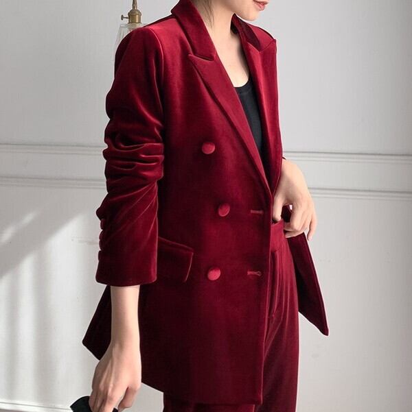 新作 21 セットアップ レディース セットアップ ジャケット セットアップ パンツスーツ パンツドレス セットアップ パンツセットアップレディース ベロア ベルベット パンツスーツ レディース おしゃれ アウター テーラードジャケット ハイウエスト パンツ 秋 冬 レッド