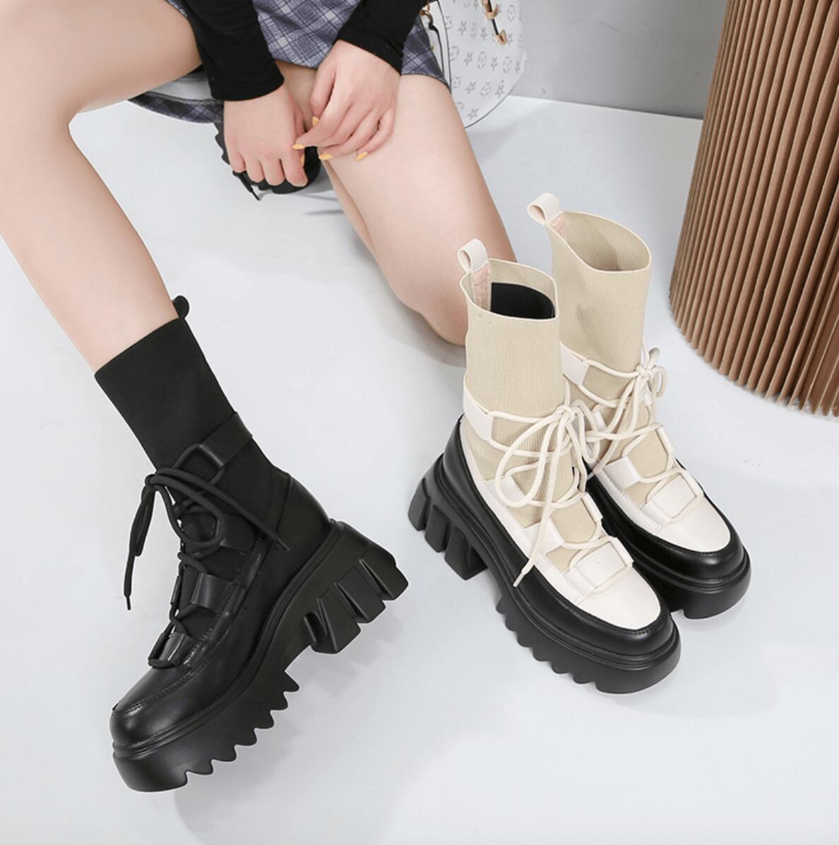 【✩】女性用厚底ブレッドシューズ 人気商品】ソックスプラットフォームシューズ7cm全2色 | 厚底