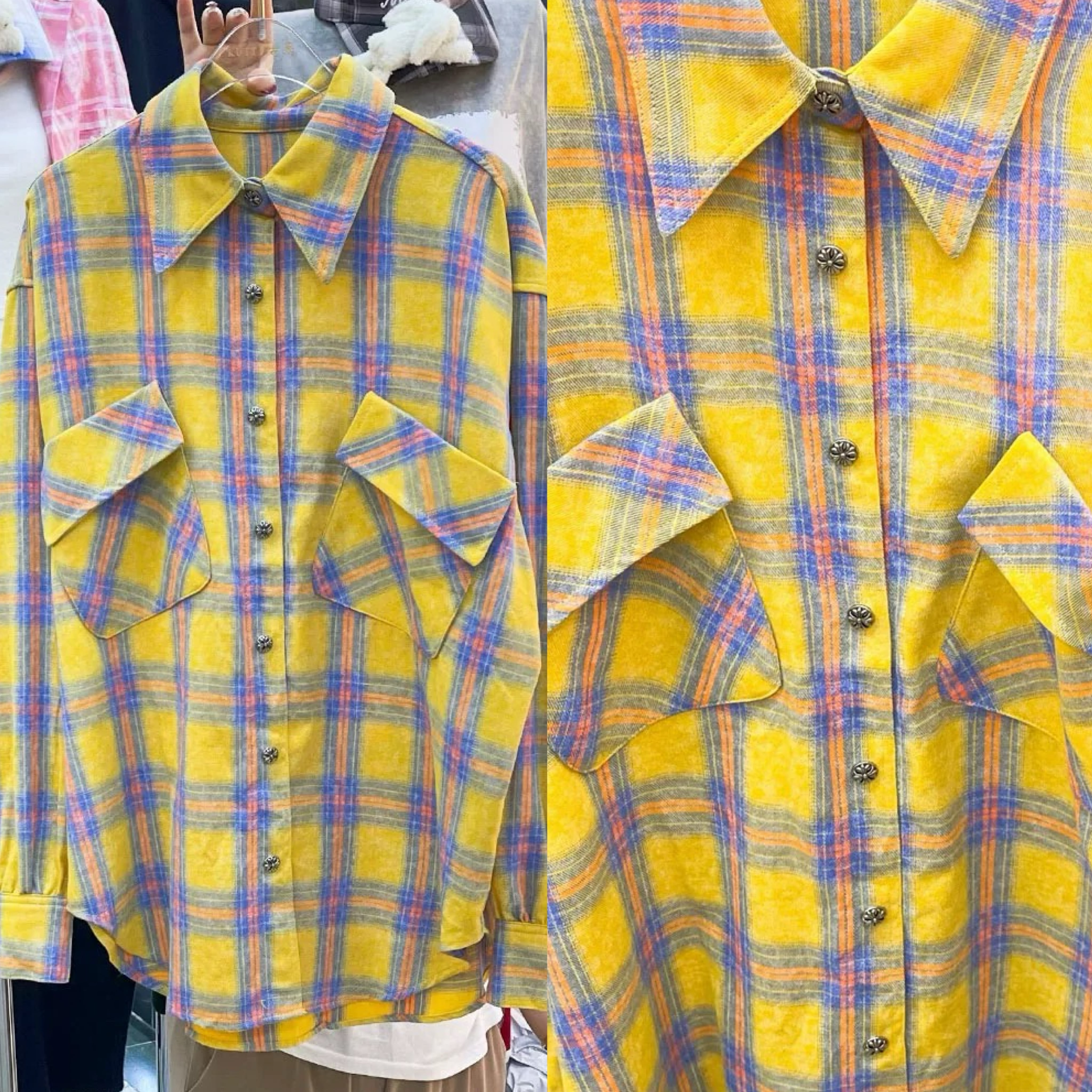 黄色 ネルシャツ チェック シャツ ブラウス カジュアル | LOVEYsmileSHOP