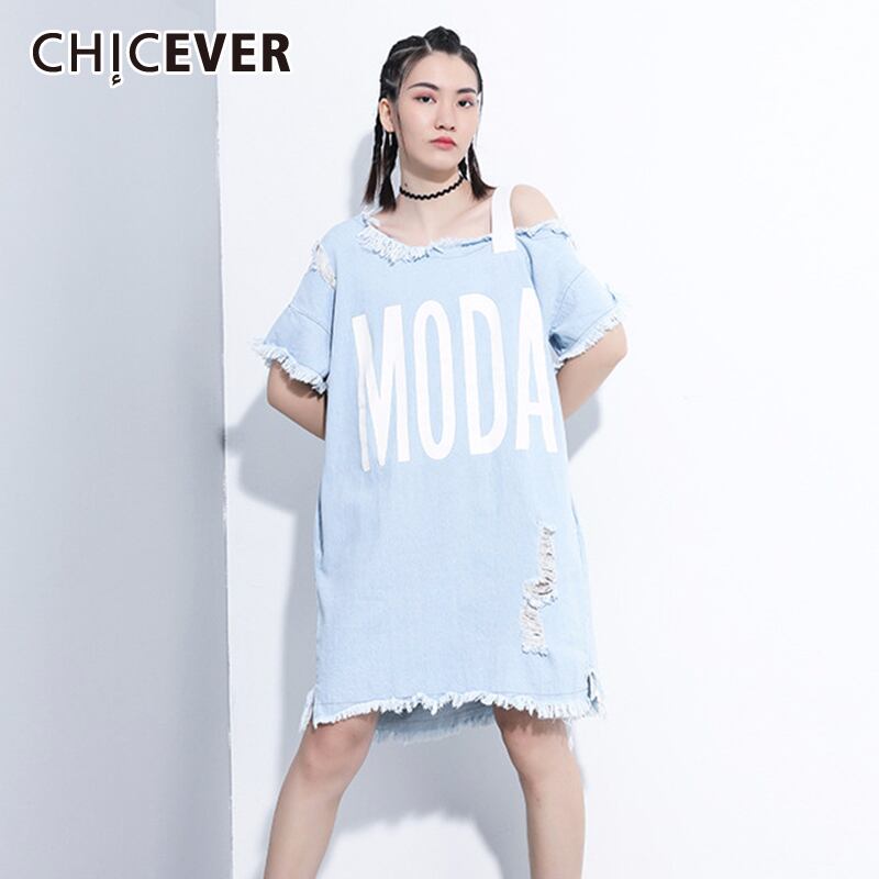 CHICEVER破れた穴デニムドレス女性非対称襟ワンショルダーレタープリント擦り切れたドレス2020服の潮 6base54216047582