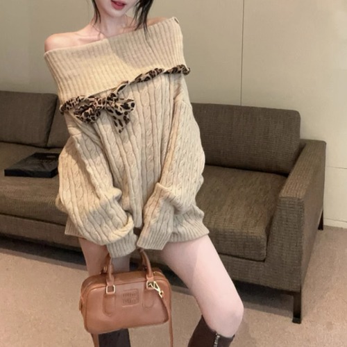 3色／レオパードデザインオフショルケーブルニット ・8482