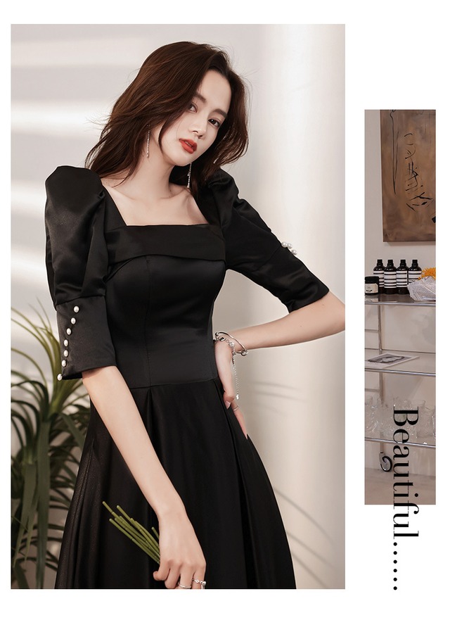 新品タグ付き黒パーティードレス シースルー袖 スクエアネック  