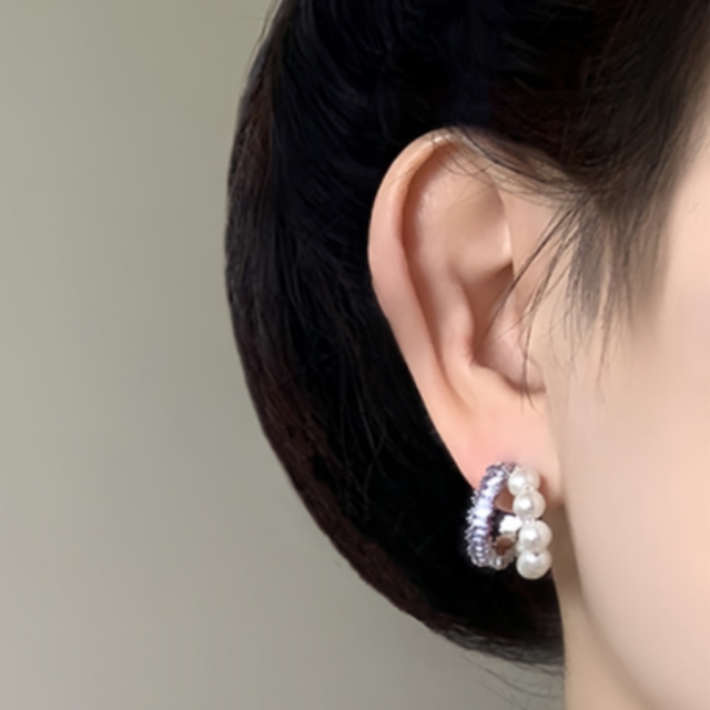 スクエアラウンド パール シルバーピアス o19