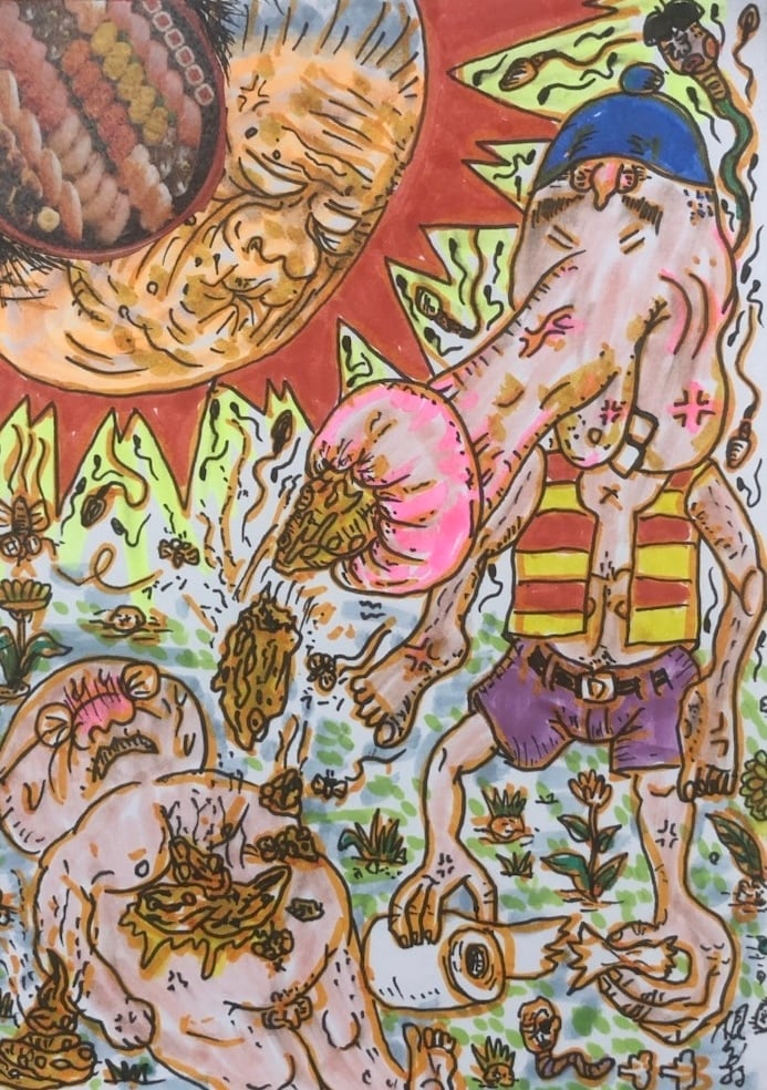 原画・着色ドローイング「逆さ男番外編⭐︎珍宝カラ肛門へ」 B6 | 根本