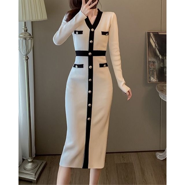 V Neck Knit Dress Button Long Sleeve Style 30037