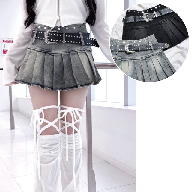 【7/16新着】2点セット★ベルト付き プリーツデニムスカート