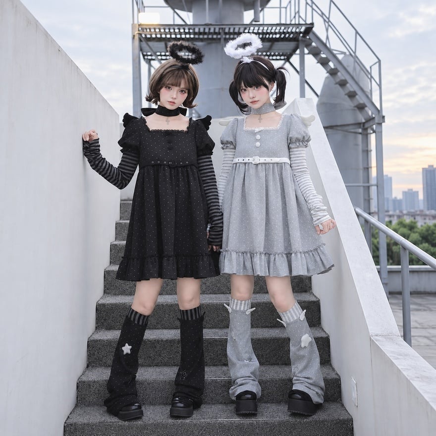 白翼と黒翼が交わる境界 ドット柄ミニワンピース天使と悪魔ゴシック6点