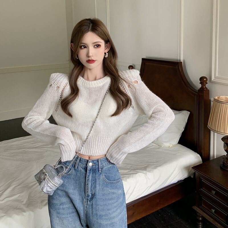 オータム薄手セーター レディースショートニットトップス 秋物 ガールズファッション42927709526