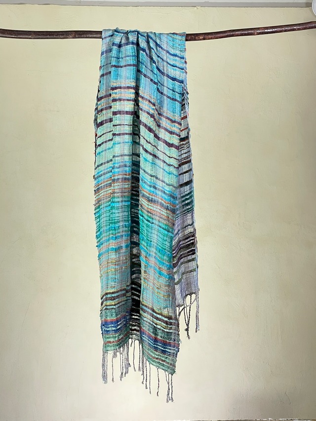 絹・絹手紡ぎ真綿からみ織り布　～アース～ Silk leno weaving cloth (scarf) with hand spinning wild and floss silk thread ～earth～