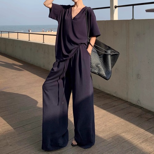 【2点セット】3色／Vネックルーズトップス＋ワイドパンツ ・11915