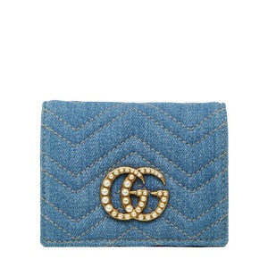 グッチ GGマーモント 二つ折り財布 コンパクトウォレット 466492 ブルー デニム フェイクパール レディース GUCCI 中古