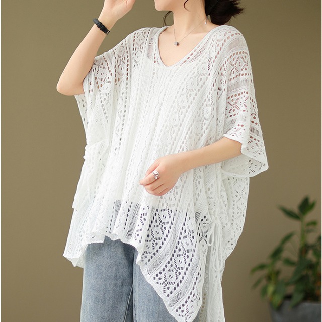 透かし編みVネックトップス（4色）10693