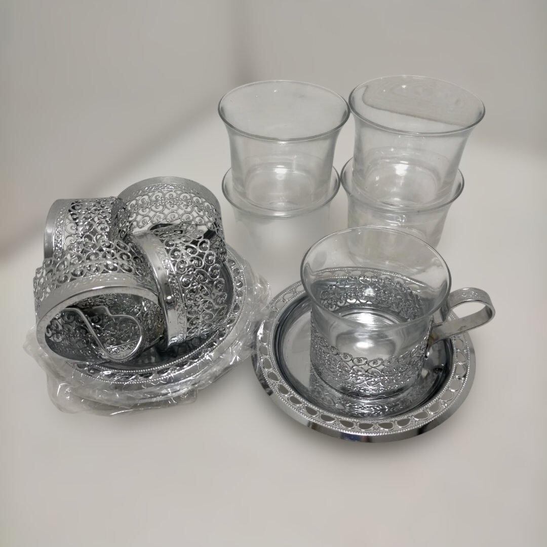 ガラス カップ＆ソーサー 5客セット シルバー装飾 耐熱 260115-6T