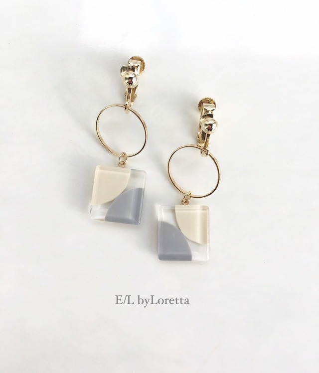 Square color hoop pierce/earring(Ivory×Gray)