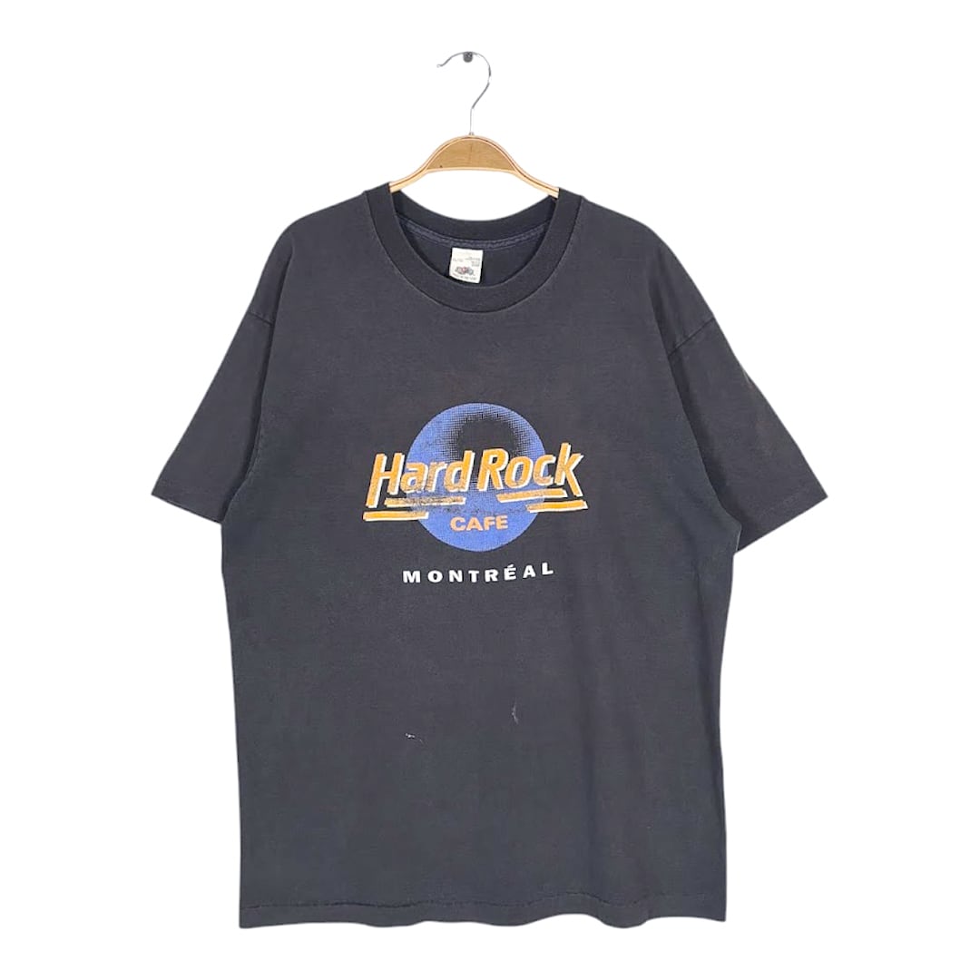 90s ハードロックカフェ モントリオール カナダ製 ヴィンテージ Tシャツ フェードブラック シングルステッチ フルーツオブザルーム HARD ROCK CAFE サイズXL BZ0617