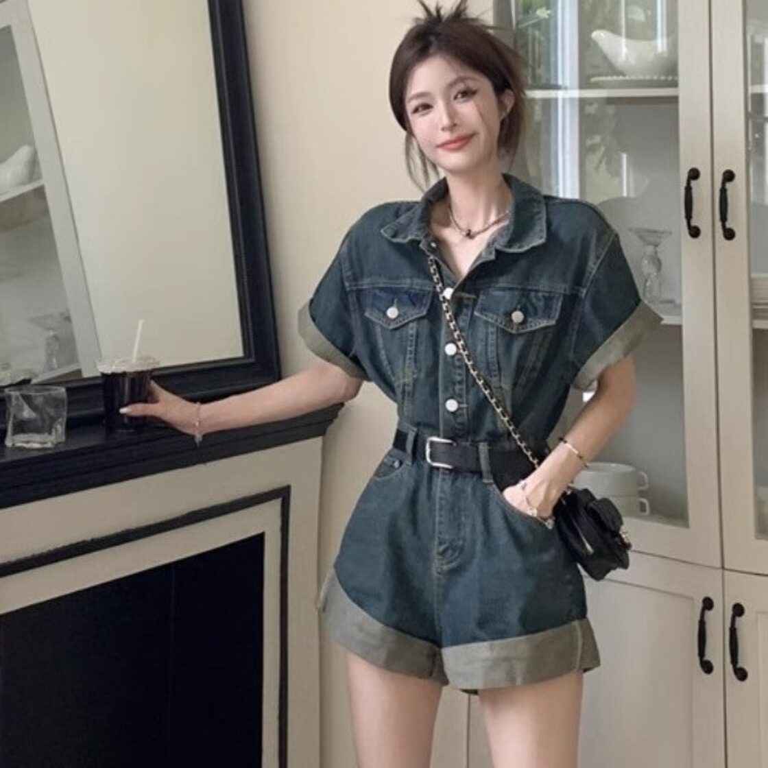デニム オールインワン ショートパンツ レディース 韓国 ファッション 