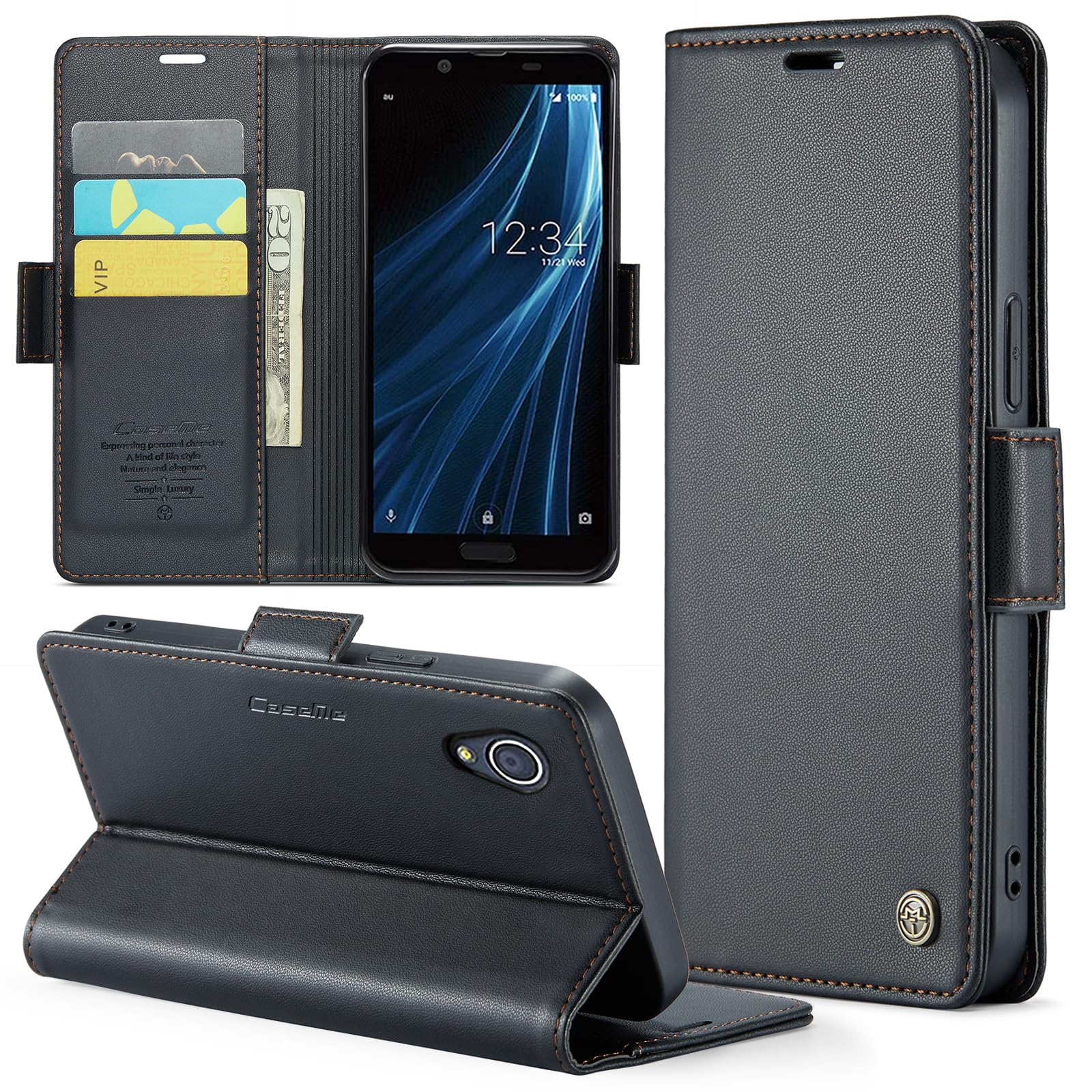 【FeeY】AQUOS Sense2 手帳型 ケースSharp Aquos Sense2ケース 手帳型 SHV43 手帳 SH-01L SH-M08 スマホケース Android One S5 携帯カバーサイドマグネット式 スタンド機能、全面保護耐衝撃 カード収纳 人気上質財布型 カバー 気質 ギフト (ブラック)