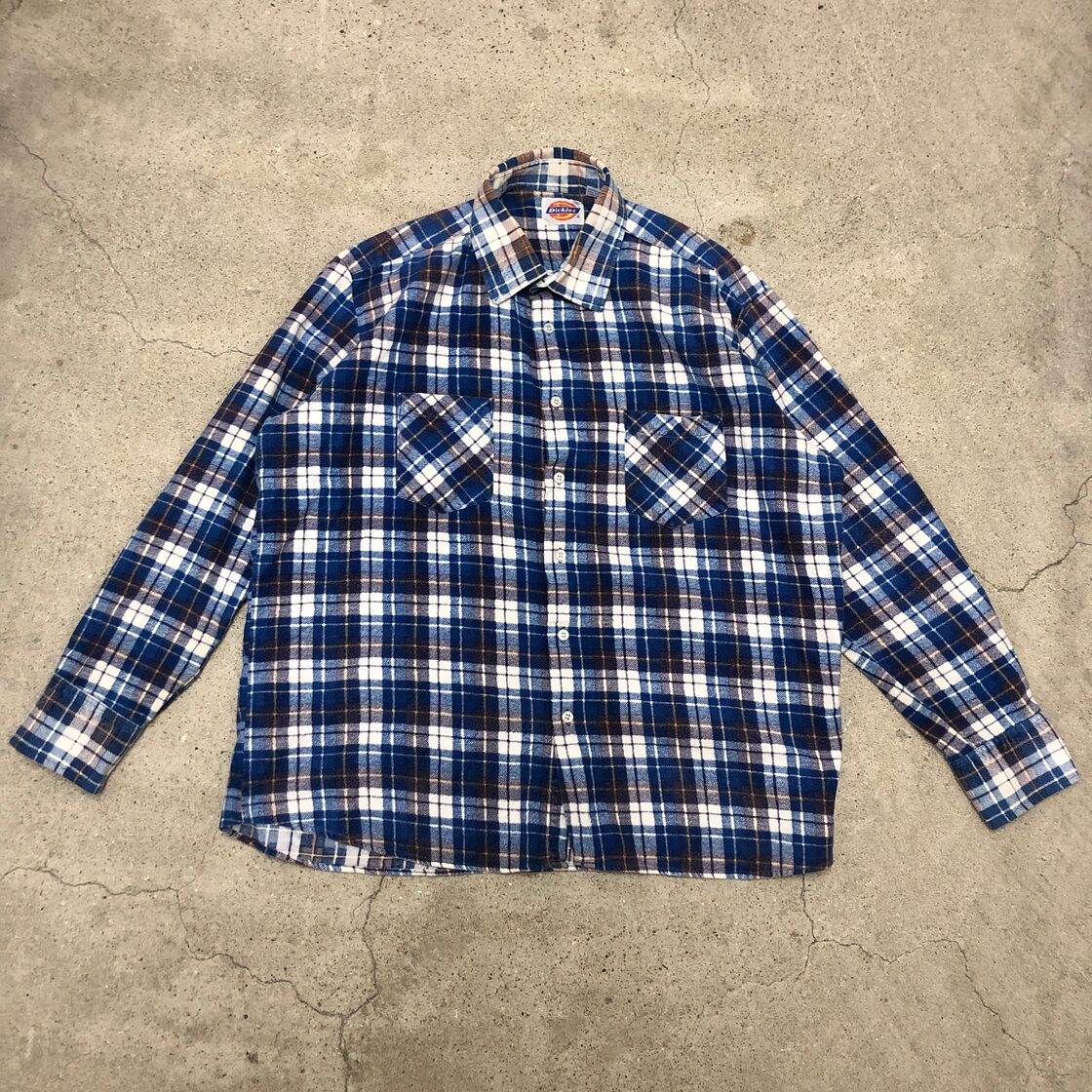 80s Dickies/Flannel Shirt/白タグ/XL/チェック柄ネルシャツ/長袖 