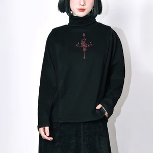 オリエンタルグラフィックハイネックロングスリーブブラックトップス（（ruf_03213）