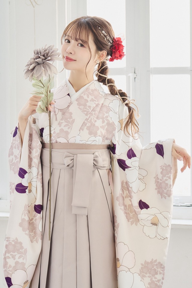 【袴4点set】白大椿柄×葉:紫（ベージュ）51MC