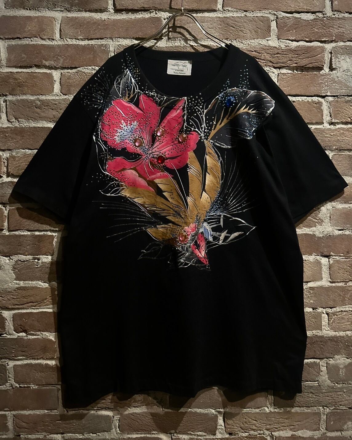 カサブランカ★カサウェイ スケート プリントTシャツ ギフト包装 Caka act3】Embroidery × Bijou ×Flower Print Design Vintage T