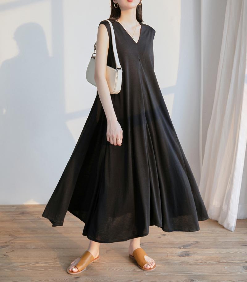 ワンピース ノースリーブ 袖なし ロング ロング丈 マキシ丈 無地