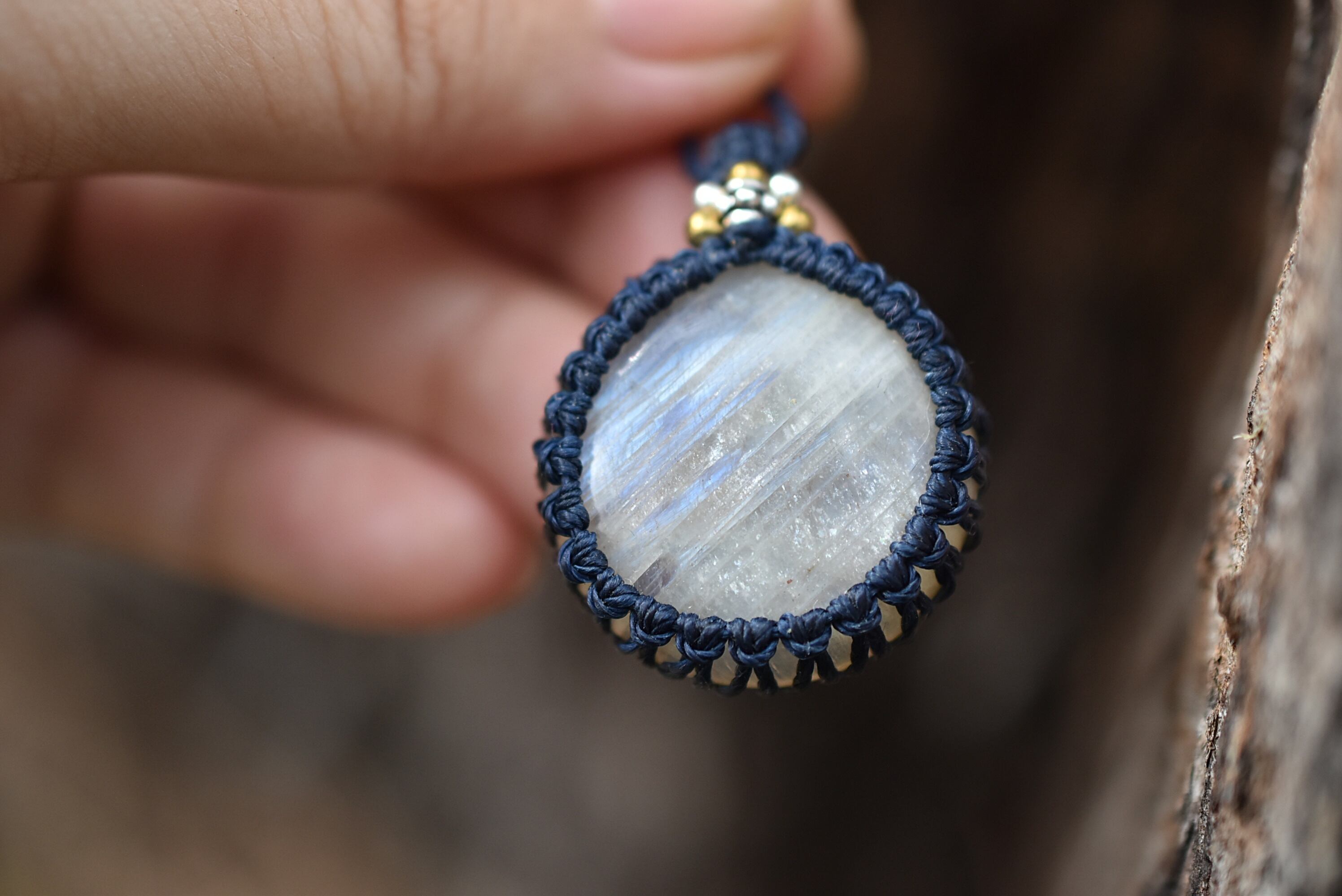 ブルーホワイト★ベロモナイト ムーンストーン マクラメネックレス1196